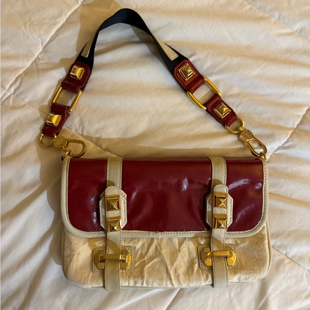 BCBGMaxAzria Red and Cream Shoulder Bag with Gold Accents